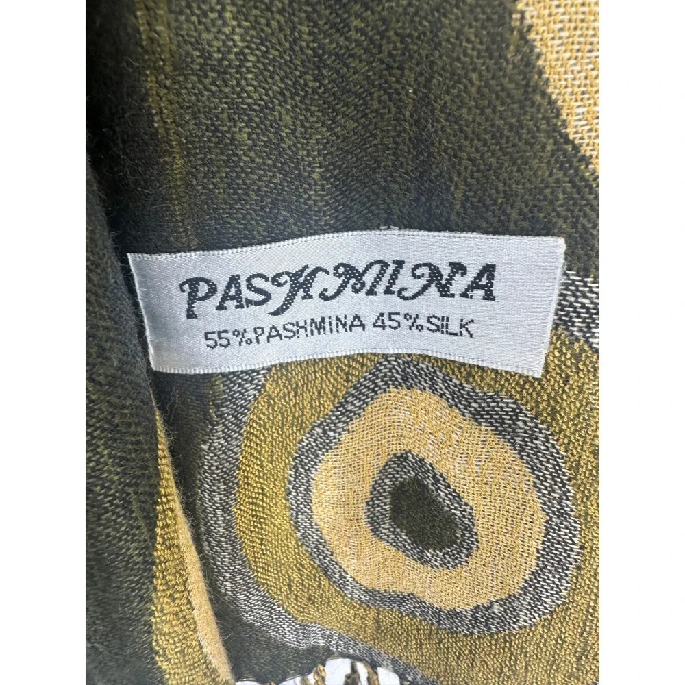 Pashmina Silk Blend Scarf Olive Green Gold Geometric Circle Print Fringe Wrap